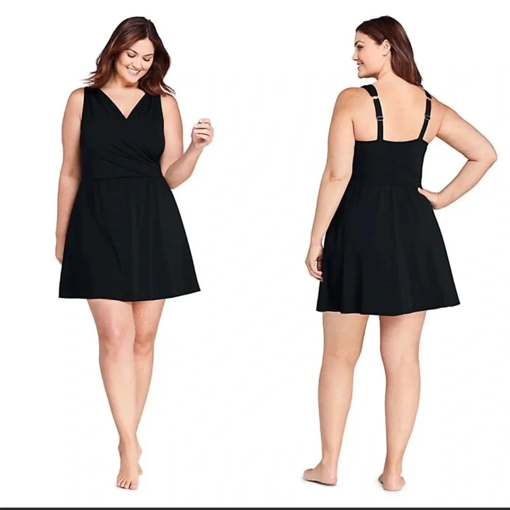Lands' End Black One Piece Swim Dress V-Neck